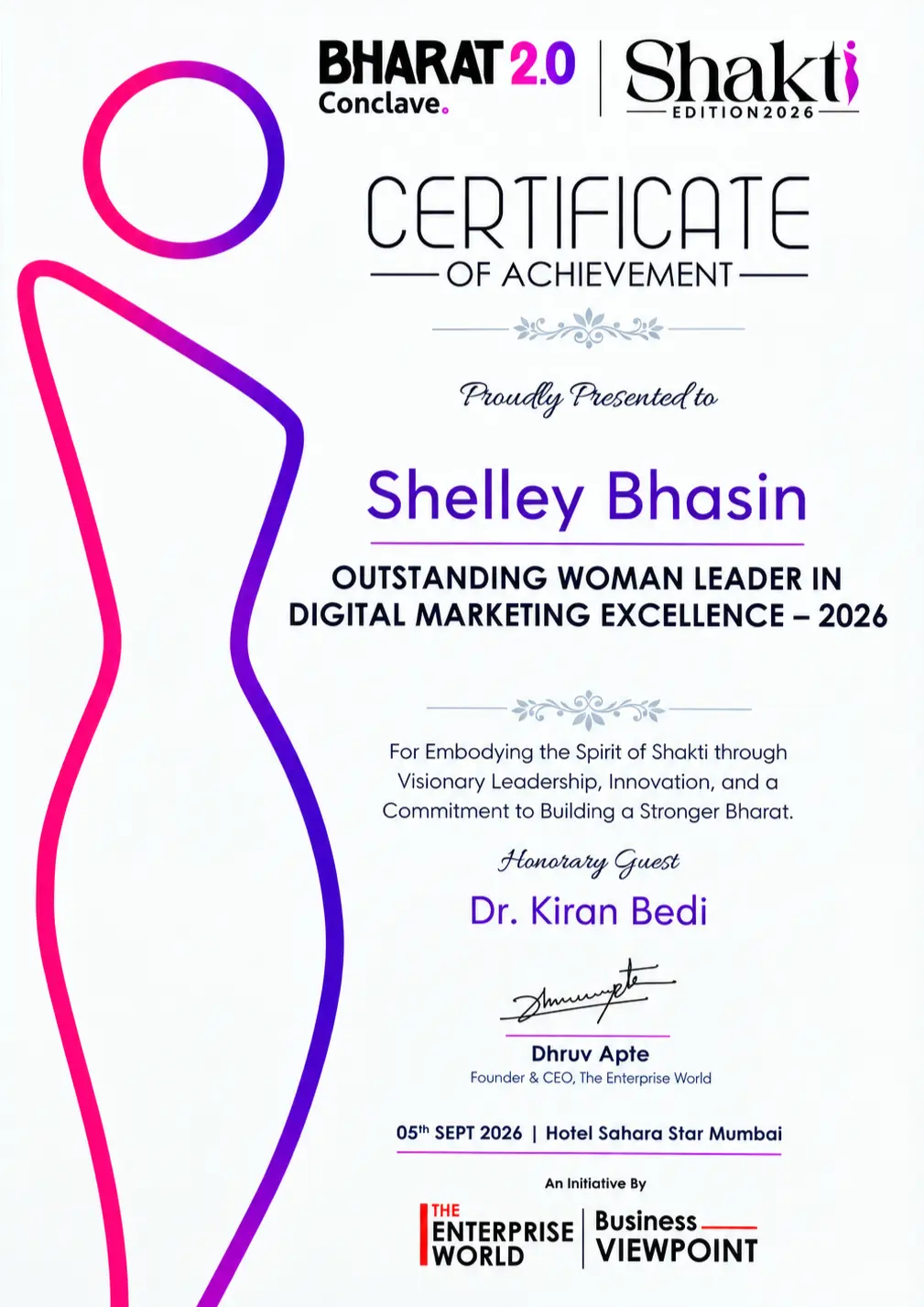 Outstanding Woman Leader in Digital Marketing Excellence 2026 certificate